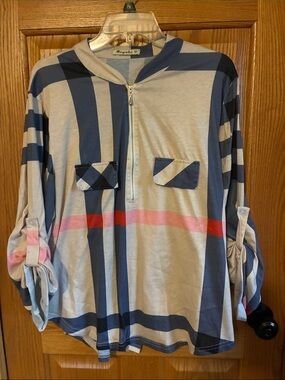 Meyabo Striped Half-Zip Long Sleeve Top - Blue, Beige & Pink